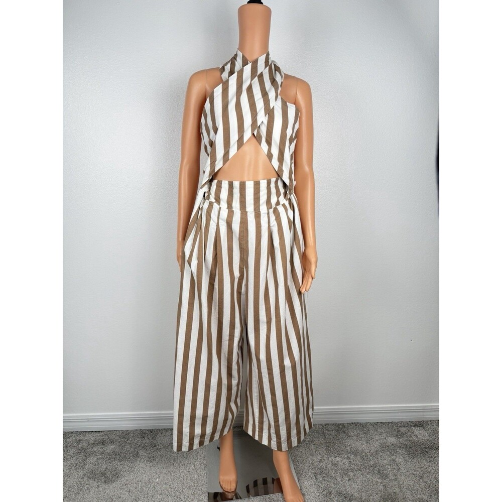 AILE Brazil Striped Cutout Backless Halter Palazzo Jumpsuit Large Rare Designer